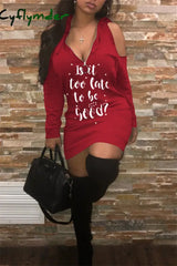 Cyflymder - Red Fashion Casual Letter Print Hollowed Out Hooded Collar Long Sleeve Dresses