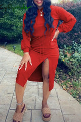 Cyflymder - Red Fashion Casual Solid Slit Hooded Collar Long Sleeve Dresses