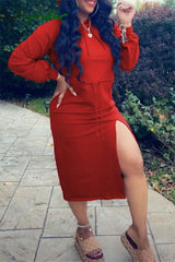 Cyflymder - Red Fashion Casual Solid Slit Hooded Collar Long Sleeve Dresses