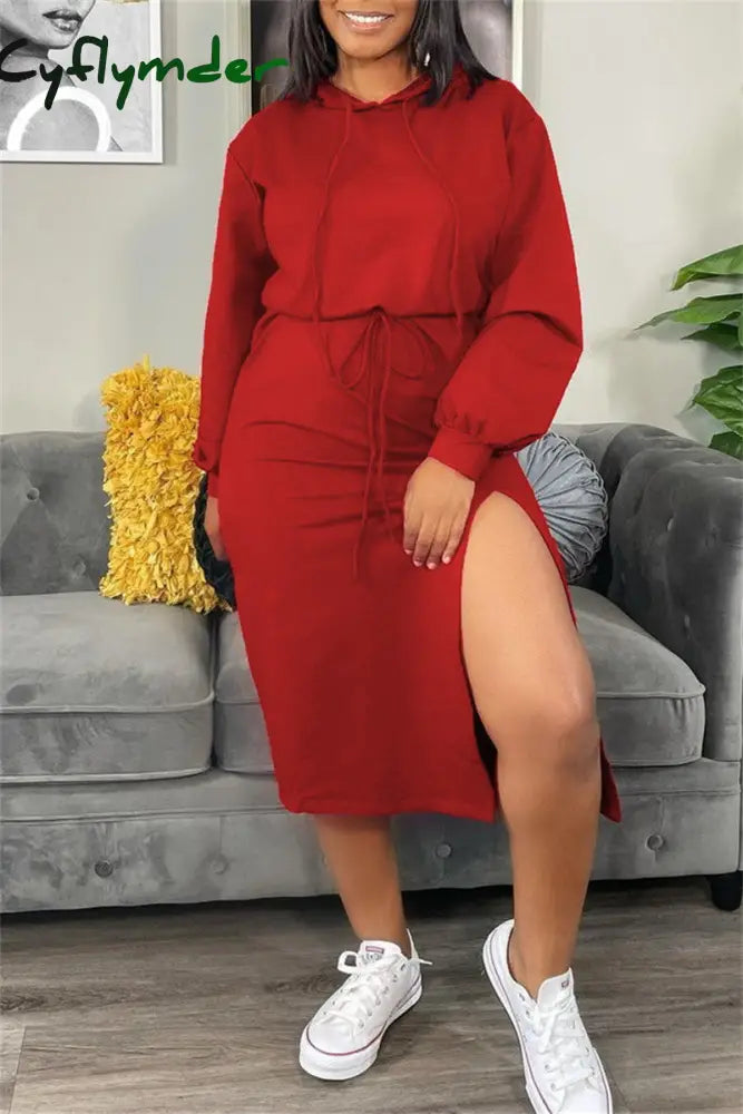 Cyflymder - Red Fashion Casual Solid Slit Hooded Collar Long Sleeve Dresses