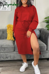 Cyflymder - Red Fashion Casual Solid Slit Hooded Collar Long Sleeve Dresses