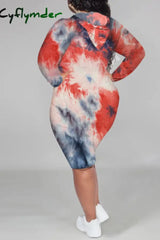 Cyflymder - Red Gray Casual Print Tie Dye Patchwork Hooded Collar Straight Plus Size Dresses