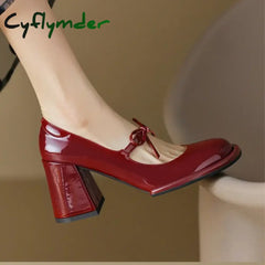 Cyflymder Red Heels Spring New Round Toe Pumps Comfortable Chunky Heel Jane Shoes Simple Elegant Lady Formal