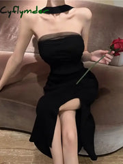 Cyflymder Red Knitted Y2K Dress Women’s Sleeveless Halter Split Sexy Solid Stretch Slim Fit