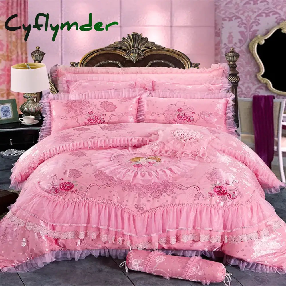 Cyflymder Red Pink Luxury Lace Wedding Bedding Set King Queen Size Princess Bed Set Jacquard Embroidery Duvet Cover