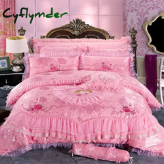 Cyflymder Red Pink Luxury Lace Wedding Bedding Set King Queen Size Princess Bed Set Jacquard Embroidery Duvet Cover