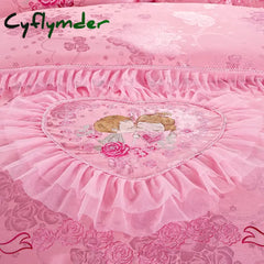 Cyflymder Red Pink Luxury Lace Wedding Bedding Set King Queen Size Princess Bed Set Jacquard Embroidery Duvet Cover