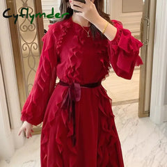 Cyflymder Red Ruffles Dress Women Vintage O Neck Flare Sleeve Clothing High Waisted Black Elegant