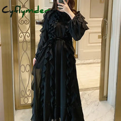 Cyflymder Red Ruffles Dress Women Vintage O Neck Flare Sleeve Clothing High Waisted Black Elegant