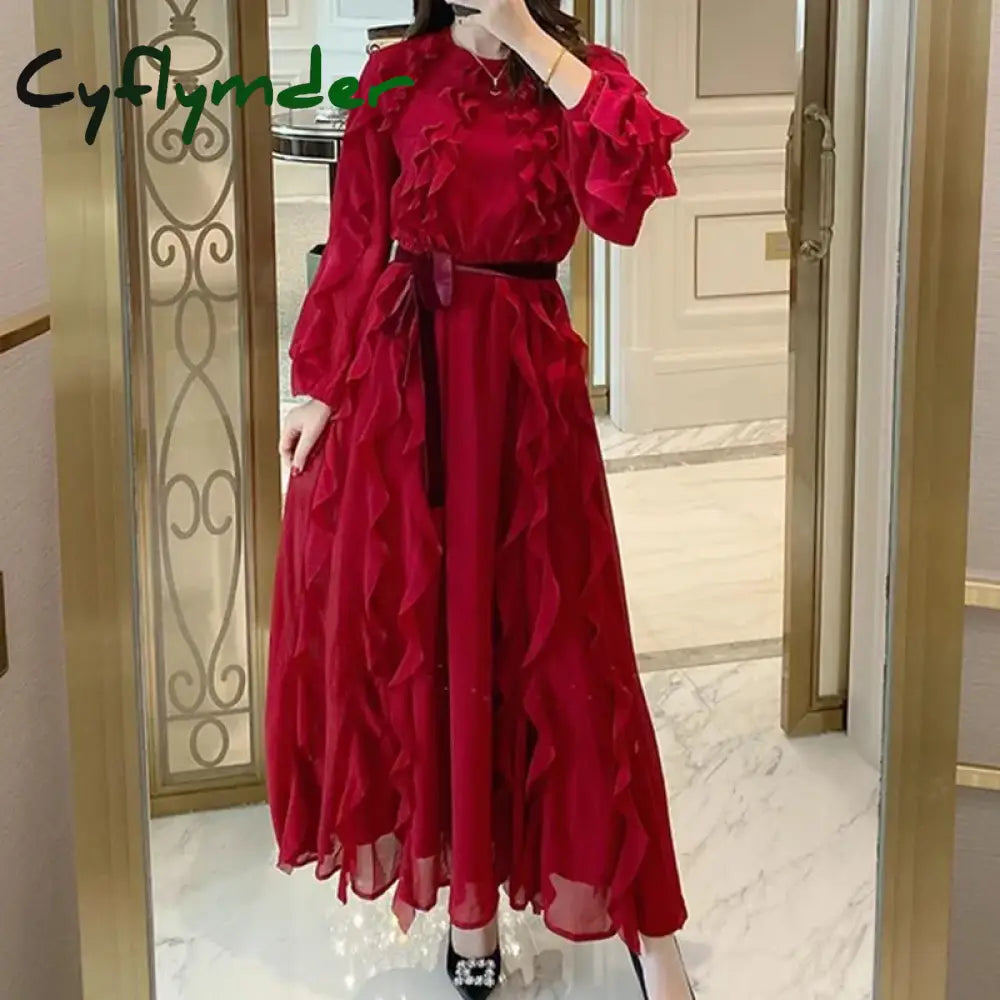 Cyflymder Red Ruffles Dress Women Vintage O Neck Flare Sleeve Clothing High Waisted Black Elegant