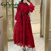 Cyflymder Red Ruffles Dress Women Vintage O Neck Flare Sleeve Clothing High Waisted Black Elegant