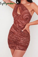 Cyflymder - Red Sexy Print Hollowed Out Patchwork Backless Fold Oblique Collar One Step Skirt