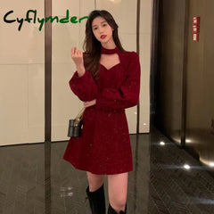 Cyflymder Red Velvet Elegant Party Mini Dress Women Sequins Long Sleeve Wram Vintage Dress Ladies Casual Korean A-line