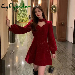 Cyflymder Red Velvet Elegant Party Mini Dress Women Sequins Long Sleeve Wram Vintage Dress Ladies Casual Korean A-line