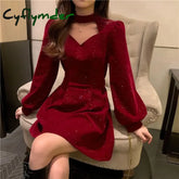 Cyflymder Red Velvet Elegant Party Mini Dress Women Sequins Long Sleeve Wram Vintage Dress Ladies Casual Korean A-line