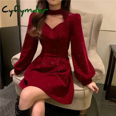 Cyflymder Red Velvet Elegant Party Mini Dress Women Sequins Long Sleeve Wram Vintage Dress Ladies Casual Korean A-line