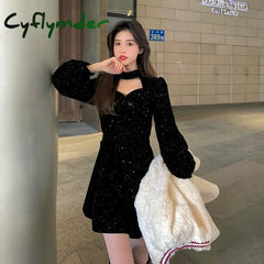 Cyflymder Red Velvet Elegant Party Mini Dress Women Sequins Long Sleeve Wram Vintage Dress Ladies Casual Korean A-line