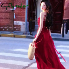 Cyflymder Red Vintage Elegant Midi Strap Dress Women Ruffles Design Causal Korean Fairy Dress Female Autumn Strapless
