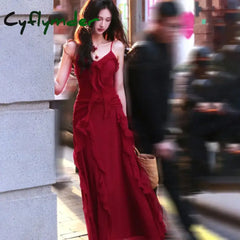 Cyflymder Red Vintage Elegant Midi Strap Dress Women Ruffles Design Causal Korean Fairy Dress Female Autumn Strapless