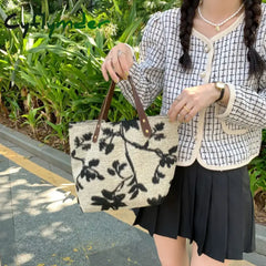 Cyflymder Retro Bags For Women Jacquard Fabric Shoulder Bag Reusable Shopping Casual Tote Female