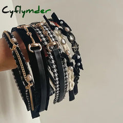 Cyflymder Retro Black White Pearl Headbands French Style Braided Chain Hairbands Sweet Street Head