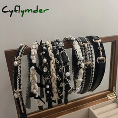 Cyflymder Retro Black White Pearl Headbands French Style Braided Chain Hairbands Sweet Street Head