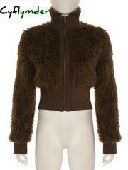 Cyflymder Retro Brown Fur Coat Y2K Turtleneck Zipper Jacket Vintage Casual Winter Thick Outwear Streetwear Women