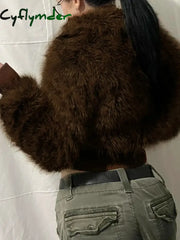 Cyflymder Retro Brown Fur Coat Y2K Turtleneck Zipper Jacket Vintage Casual Winter Thick Outwear Streetwear Women
