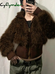 Cyflymder Retro Brown Fur Coat Y2K Turtleneck Zipper Jacket Vintage Casual Winter Thick Outwear Streetwear Women