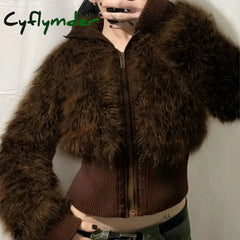 Cyflymder Retro Brown Fur Coat Y2K Turtleneck Zipper Jacket Vintage Casual Winter Thick Outwear Streetwear Women