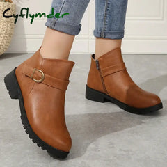 Cyflymder Retro Buckle Strap Ankle Boots Women Low Heels Brown Pu Leather Woman Autumn Side Zipper