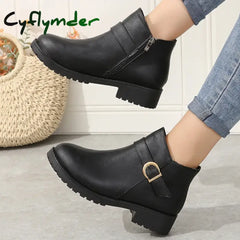 Cyflymder Retro Buckle Strap Ankle Boots Women Low Heels Brown Pu Leather Woman Autumn Side Zipper