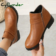 Cyflymder Retro Buckle Strap Ankle Boots Women Low Heels Brown Pu Leather Woman Autumn Side Zipper