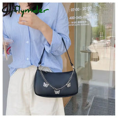Cyflymder Retro Butterfly Chain Underarm Bag Women’s Fashion Solid Color Shopping Shoulder Travel