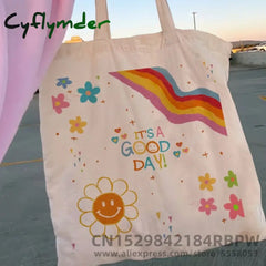 Cyflymder Retro Flower Power Y2K Floral Women Canvas Tote Bag Girl Reusable Shopper Foldable Ecobag