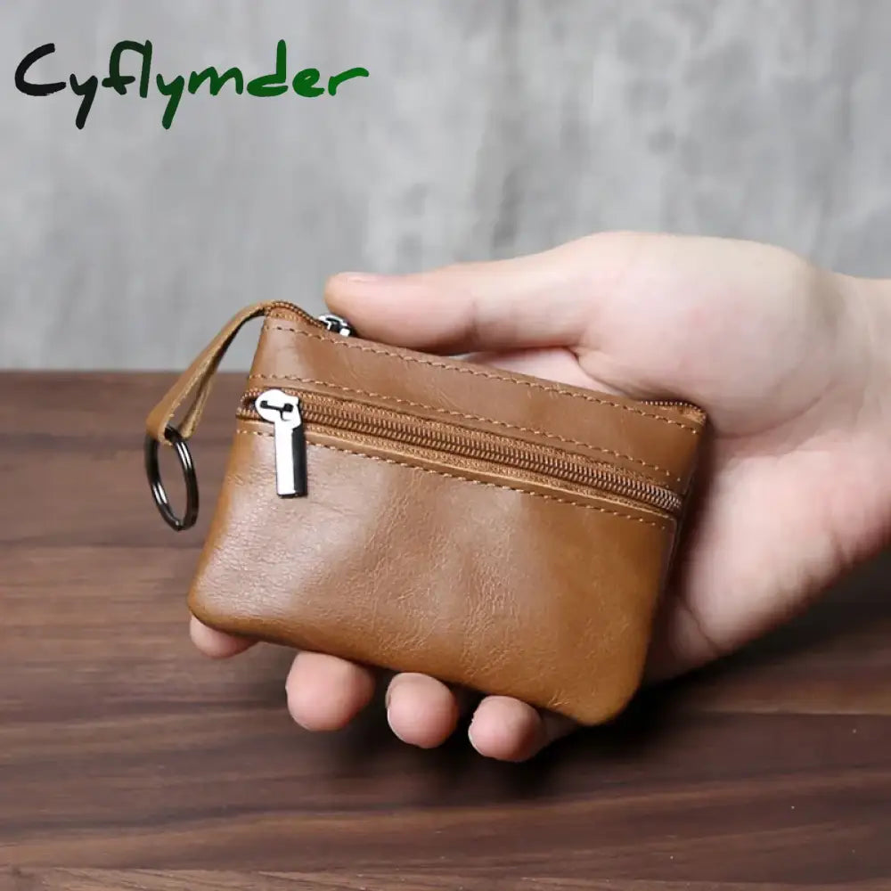 Cyflymder Retro Genuine Leather Mini Zero Wallet For Men And Wom Solid Color Top Layer Cowhide Zipper Small Card Bag