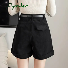 Cyflymder Retro High Waist Wide-Leg Women Shorts 2024 New Autumn Winter Corduroy Casual Female