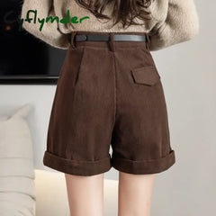 Cyflymder Retro High Waist Wide-Leg Women Shorts 2024 New Autumn Winter Corduroy Casual Female
