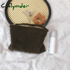 Cyflymder Retro Lambswool Cosmetic Bag Winter Warm Makeup Solid Color Women Travel Bags Beauty