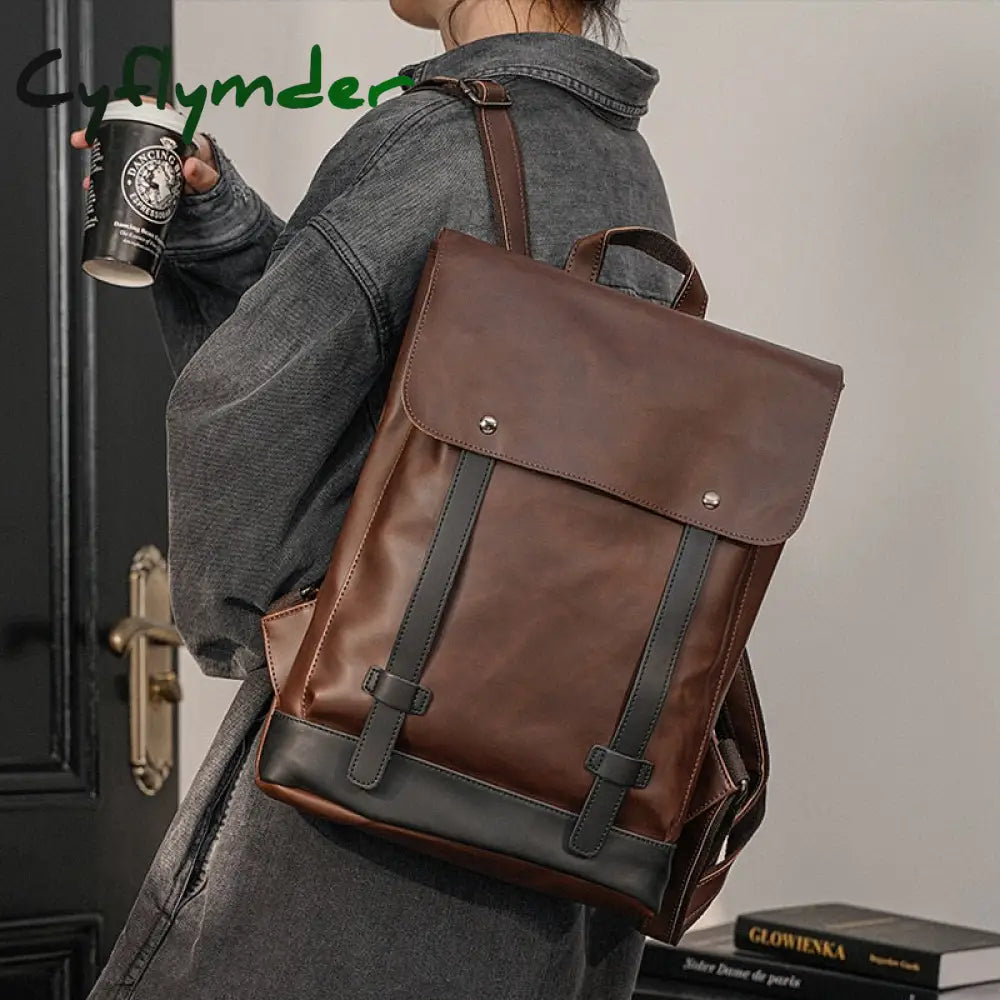 Cyflymder Retro Men’s Backpack Bag Luxury Crazy Horse Leather Men School College Book Rucksack