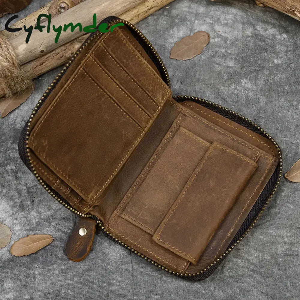 Retro Men's Short Wallet Vintage Cow Leather Vertical Thin Male Zipper Square Credit Card Holder Small Money Purse Women Wallet