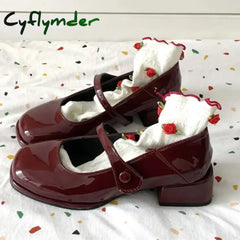 Cyflymder Retro Red Mary Jane Shoes Women Thick Heels Ankle Buckle Lolita Shoes Woman Student French Square heel