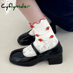 Cyflymder Retro Red Mary Jane Shoes Women Thick Heels Ankle Buckle Lolita Shoes Woman Student French Square heel