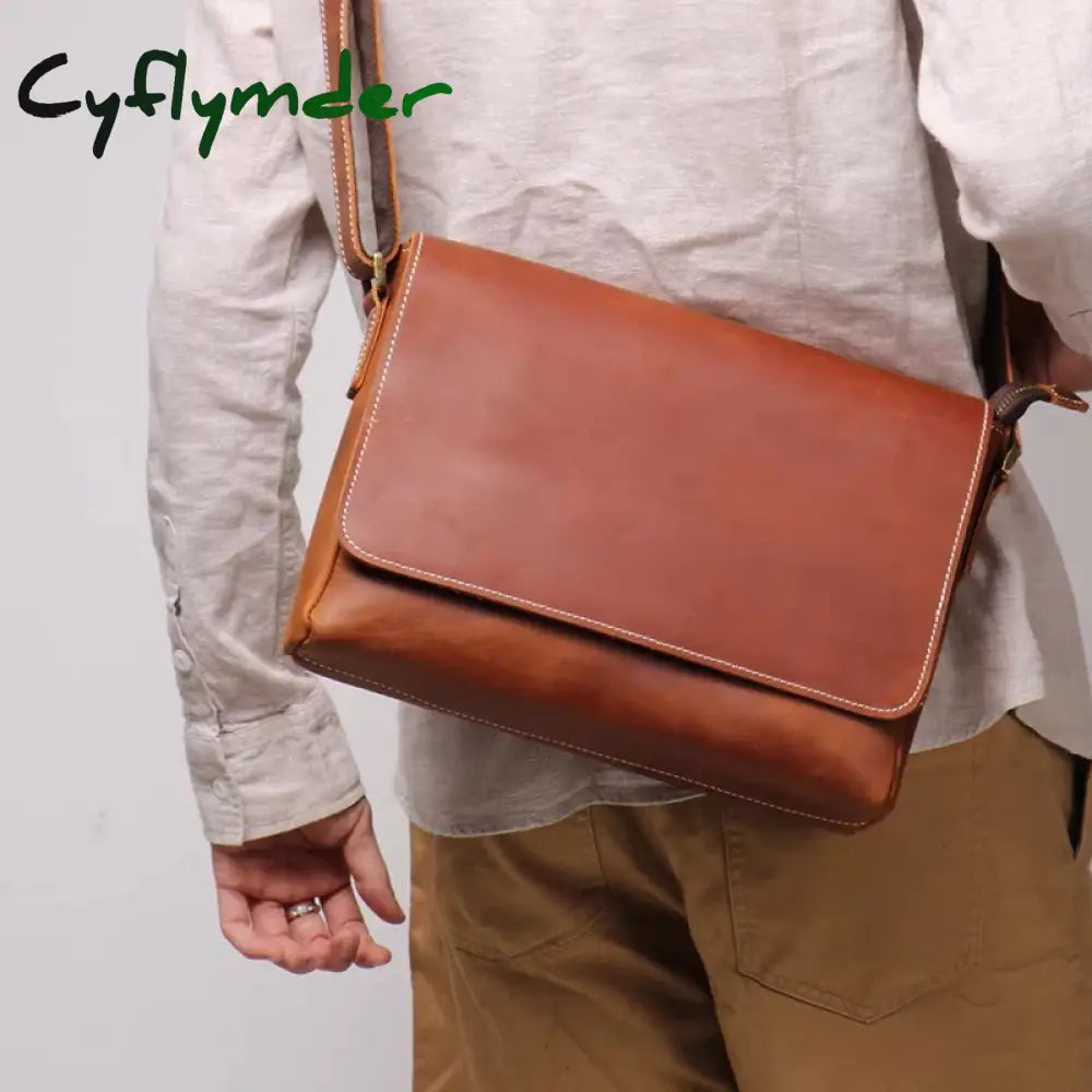 Retro Top Layer Cowhide Leather Men's Flap Shoulder Bag Daily Casual Horizontal Crossbody Bag 9.7 Inches Ipad Bag