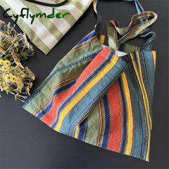 Cyflymder Retro Women’s Canvas Shoulder Bag Rainbow Striped Linen Shopping Eco Large Capacity
