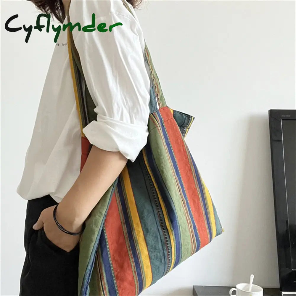 Cyflymder Retro Women’s Canvas Shoulder Bag Rainbow Striped Linen Shopping Eco Large Capacity