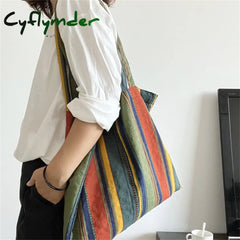 Cyflymder Retro Women’s Canvas Shoulder Bag Rainbow Striped Linen Shopping Eco Large Capacity