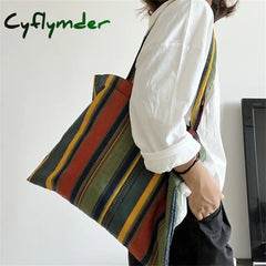Cyflymder Retro Women’s Canvas Shoulder Bag Rainbow Striped Linen Shopping Eco Large Capacity