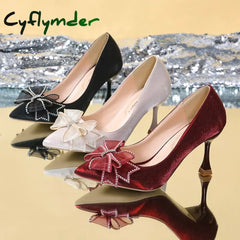 Cyflymder Rhinestone Bowtie Pointed Toe Women’s Pumps New Spring Satin Bridal Wedding Shoes Shallow Woman Pumps