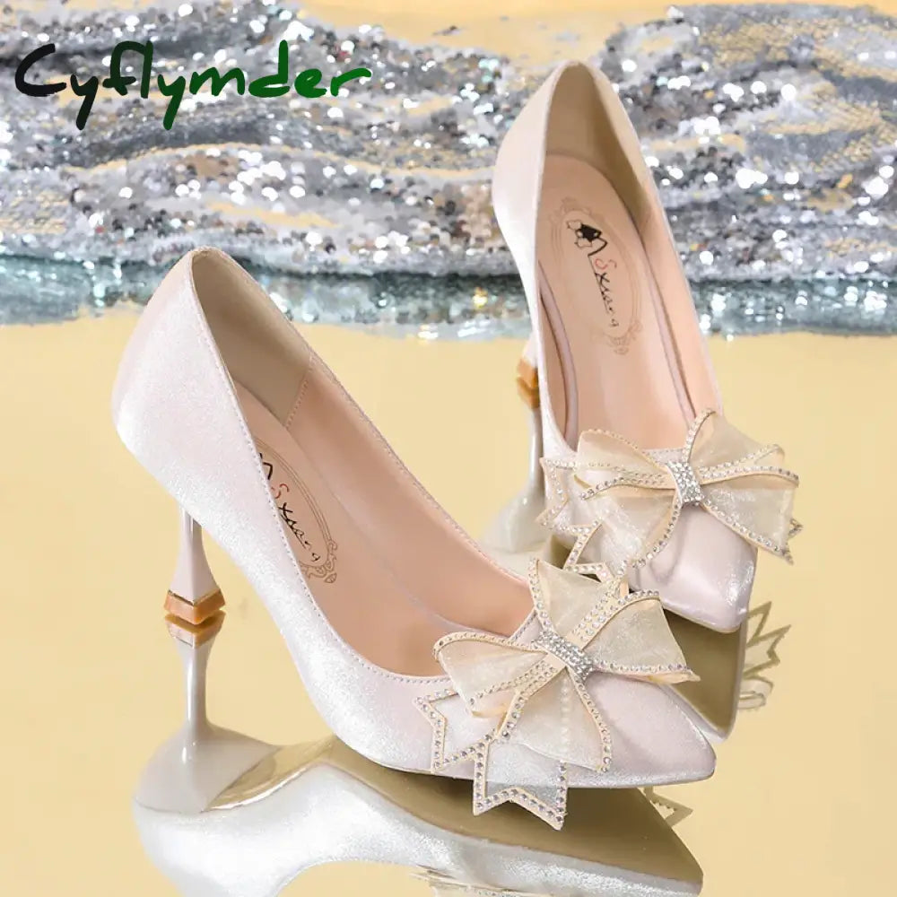 Cyflymder Rhinestone Bowtie Pointed Toe Women’s Pumps New Spring Satin Bridal Wedding Shoes Shallow Woman Pumps
